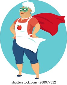 Super grandma, cartoon old lady in an apron and a superhero cape, no transparencies, EPS 8