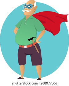 Super grandpa. Cartoon old man in a mask and a superhero cape, with a hammer, no transparencies, EPS 8
