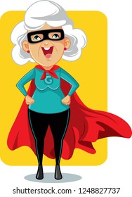 Super Granny Cartoon Vector Illustration.Strong Elderly Woman Wearing Superhero Costume And Cape
