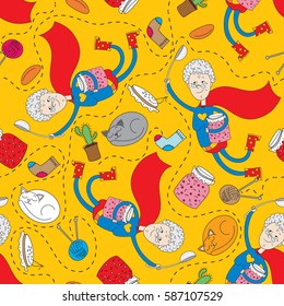 Super Granny is flying with a jar of jam