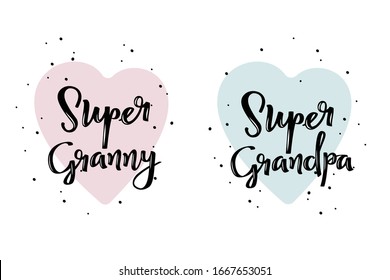 Super granny and Super grandpa. Superhero cute handwritten poster.