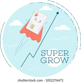 Super grow trendy concept in line art style. Banking and finance, ecommerce service sign, business technology, retail and shopping symbol. Credit card in red cloak funny character vector illustration