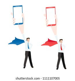 Super guy holing a mobile phone up high like a hero - Colors options in blue and red