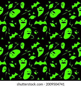 Super halloween party. Ribbon banner. Abstract bright flash of light with green lights. Green cartoon pumpkin, spiders and bats. Name of the DJ. Invitation card for the holiday.