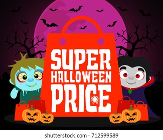 Super Halloween price design background with kids.Vector illustration