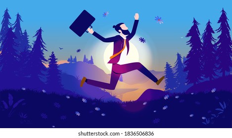 Super happy businessman celebrates in natural paradise - Very happy man jumping around outdoors with flowers and beauty all around. Success, happiness and humour concept. Vector illustration.