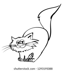 Super happy cat. Sitting with big tail kitty. infantile outline sketch cat  for coloring book. Hand drawn cat for print. Doodle  cartoon smiling  tom cat for child room interior