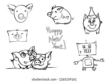 Super happy christmas pig. Holiday piggy. Abstract infantile outline sketch  for greeting card or new year invitation post. logo for print with present box. Doodle  cartoon swine icon. Piglet