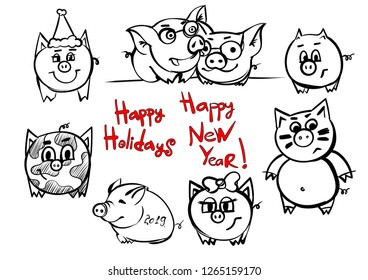 Super happy christmas pig. Holiday piggy. Abstract infantile outline sketch  for greeting card or new year invitation post. logo for print with present box. Doodle  cartoon swine icon. Piglet