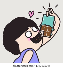 Super Happy Girl Eating A Chocolate Bar Concept Card Character illustration
