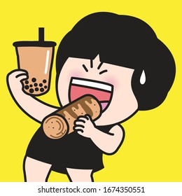 Super Happy Girl Enjoys Eating A Roll Cake And Drinking Buble Milk Tea Concept Card Character illustration.ai