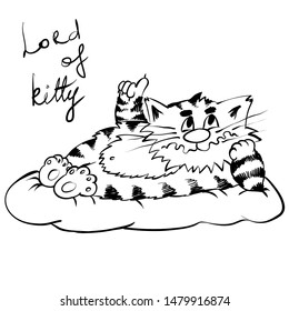 Super happy lazy stripe cat. Lying with dream kitty. infantile outline sketch cat  for coloring book. Hand drawn cat for print. Doodle  cartoon smiling dream  tom cat 