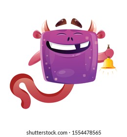 Super Happy Monster Holding Notification Bell In His Hand.Vector Illustration Isolated On White Background