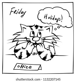 Super happy office cat. Sitting behind the table kitty. infantile outline sketch cat with holiday dreams for coloring book. Cat for print. Doodle  cartoon office friday tom cat 