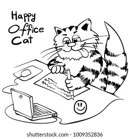 Super happy office cat. Working on laptop kitty. infantile outline sketch cat for coloring book. Cat writer for print. Doodle  cartoon  tom. 