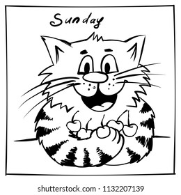 Super happy stripe cat. Sitting with cherry kitty. infantile outline sketch cat  for coloring book. Hand drawn cat for print. Doodle  cartoon sunday tom cat 