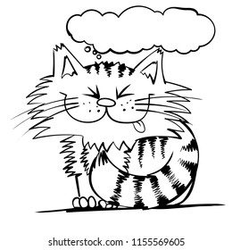 Super happy stripe cat. Sitting with dream kitty. infantile outline sketch cat  for coloring book. Hand drawn cat for print. Doodle  cartoon smiling dream  tom cat with tongue