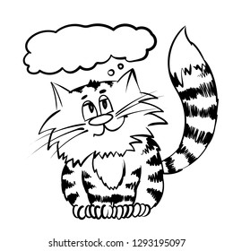 Super happy stripe cat. Sitting with dream kitty. infantile outline sketch cat  for coloring book. Hand drawn cat for print. Doodle  cartoon smiling dream  tom cat 