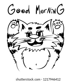 Super happy surprised cat.  kitty wiyh paws. infantile outline sketch cat for coloring book. Cat for print. Doodle  cartoon tom cat