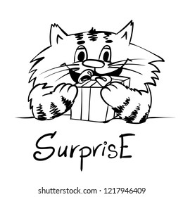 Super happy surprised cat. Sitting behind the table kitty. infantile outline sketch cat for coloring book. Cat for print with present box. Doodle  cartoon  tom cat 