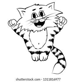 Super happy surprised cat. Standing kitty and big tale.  Outline funny animal character for print. Doodle  cartoon  tom cat. 