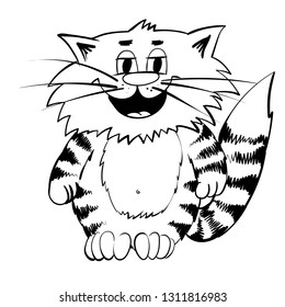 Super happy surprised cat. Standing kitty and big tale. Outline funny animal character for print. Doodle  cartoon  tom cat. 
