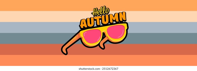 Super Hello Autumn vector banner with text and retro yellow sunglasses isolated on stripped background. Hello Autumn poster design template with cartoon sunglasses, retro rainbow, good vibes