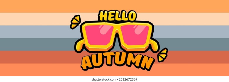 Super Hello Autumn vector banner with text and retro yellow sunglasses isolated on stripped background. Hello Autumn poster design template with cartoon sunglasses, retro rainbow, good vibes