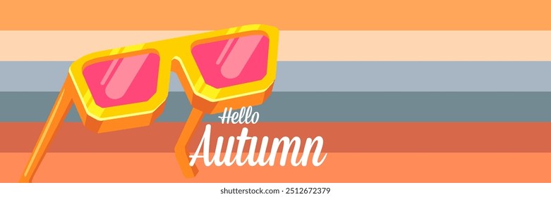 Super Hello Autumn vector banner with text and retro yellow sunglasses isolated on stripped background. Hello Autumn poster design template with cartoon sunglasses, retro rainbow, good vibes