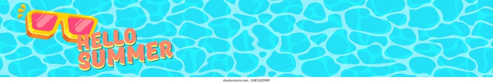 Super Hello summer logo wide banner with retro yellow sunglasses isolated on blue water wide background. Hello summer wide design template with cartoon sunglasses, beach, water pool , summer vibe
