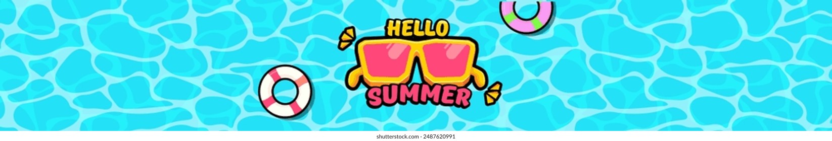 Super Hello summer logo wide banner with retro yellow sunglasses isolated on blue water wide background. Hello summer wide design template with cartoon sunglasses, beach, water pool , summer vibe