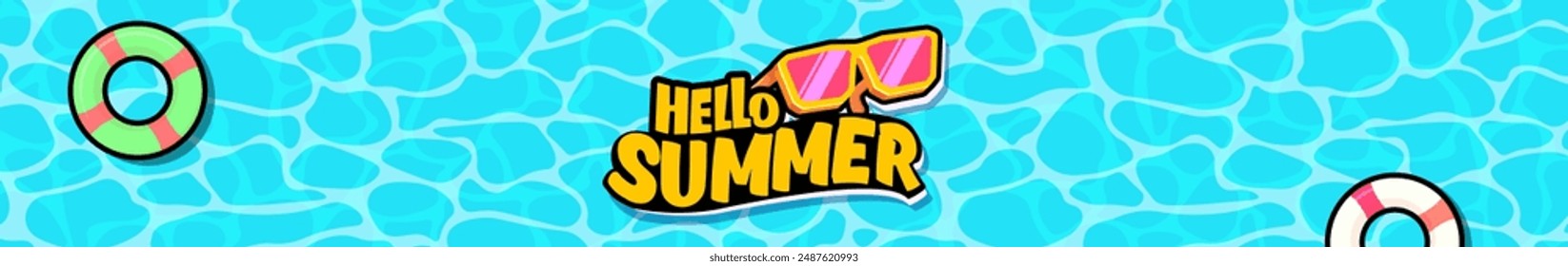 Super Hello summer logo wide banner with retro yellow sunglasses isolated on blue water wide background. Hello summer wide design template with cartoon sunglasses, beach, water pool , summer vibe