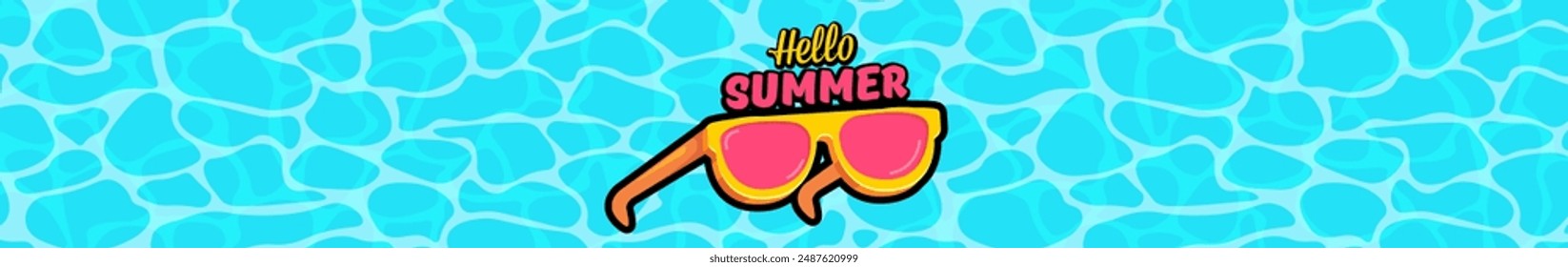 Super Hello summer logo wide banner with retro yellow sunglasses isolated on blue water wide background. Hello summer wide design template with cartoon sunglasses, beach, water pool , summer vibe