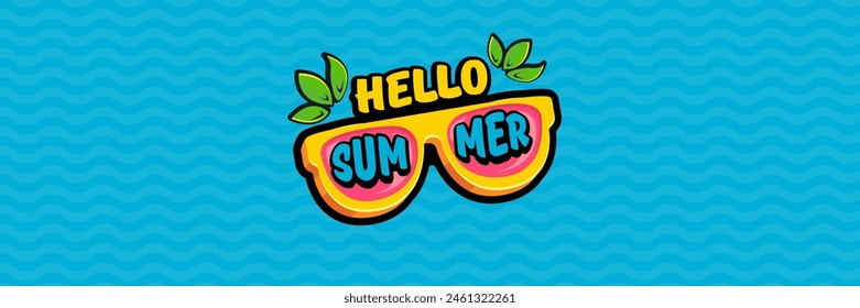 Super Hello summer vector banner with text and retro yellow sunglasses isolated on blue water background. Hello summer poster design template with cartoon sunglasses, beach, water pool , summer vibe