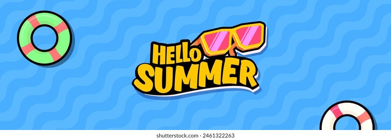 Super Hello summer vector banner with text and retro yellow sunglasses isolated on blue water background. Hello summer poster design template with cartoon sunglasses, beach, water pool , summer vibe