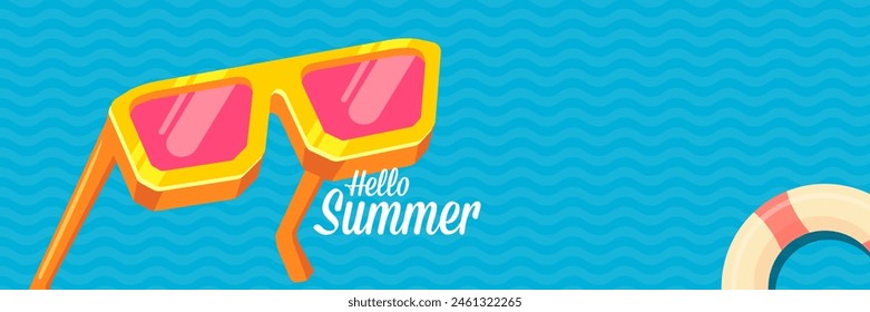 Super Hello summer vector banner with text and retro yellow sunglasses isolated on blue water background. Hello summer poster design template with cartoon sunglasses, beach, water pool , summer vibe