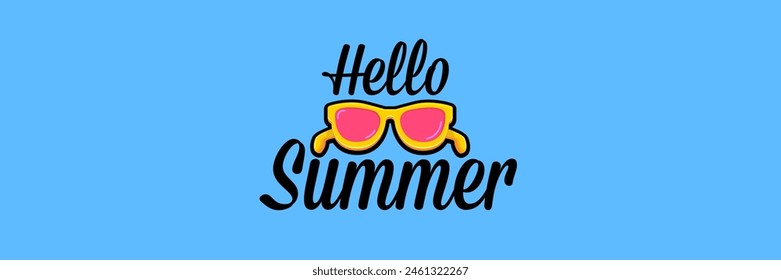 Super Hello summer vector banner with text and retro yellow sunglasses isolated on blue water background. Hello summer poster design template with cartoon sunglasses, beach, water pool , summer vibe