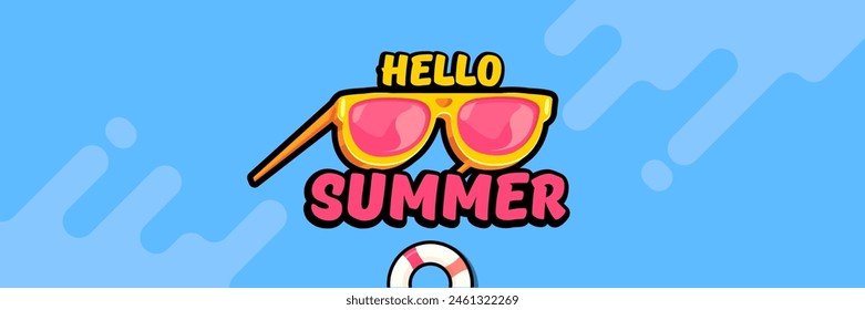 Super Hello summer vector banner with text and retro yellow sunglasses isolated on blue water background. Hello summer poster design template with cartoon sunglasses, beach, water pool , summer vibe