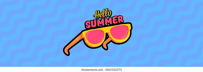 Super Hello summer vector banner with text and retro yellow sunglasses isolated on blue water background. Hello summer poster design template with cartoon sunglasses, beach, water pool , summer vibe