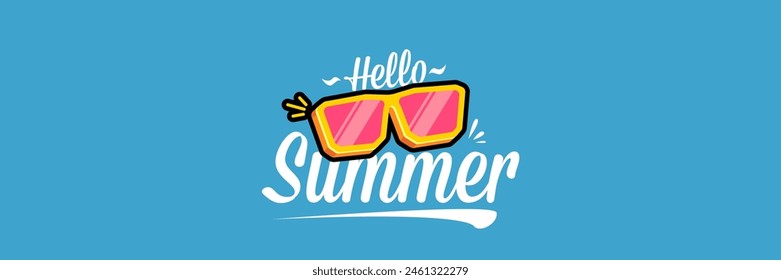 Super Hello summer vector banner with text and retro yellow sunglasses isolated on blue water background. Hello summer poster design template with cartoon sunglasses, beach, water pool , summer vibe