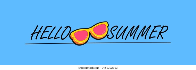 Super Hello summer vector banner with text and retro yellow sunglasses isolated on blue water background. Hello summer poster design template with cartoon sunglasses, beach, water pool , summer vibe