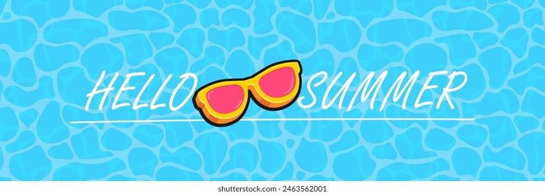 Super Hello summer vector banner with text and retro yellow sunglasses isolated on blue ocean background. Hello summer poster design template with cartoon sunglasses, beach, water pool , summer vibe