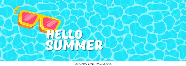 Super Hello summer vector banner with text and retro yellow sunglasses isolated on blue ocean background. Hello summer poster design template with cartoon sunglasses, beach, water pool , summer vibe