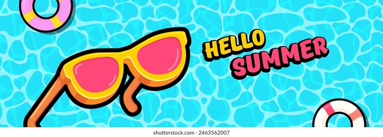 Super Hello summer vector banner with text and retro yellow sunglasses isolated on blue ocean background. Hello summer poster design template with cartoon sunglasses, beach, water pool , summer vibe