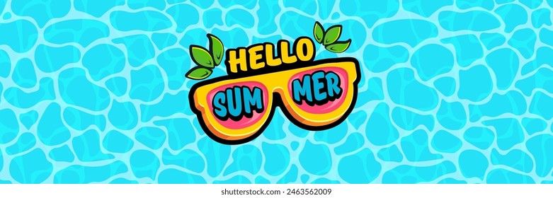 Super Hello summer vector banner with text and retro yellow sunglasses isolated on blue ocean background. Hello summer poster design template with cartoon sunglasses, beach, water pool , summer vibe