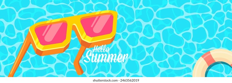 Super Hello summer vector banner with text and retro yellow sunglasses isolated on blue ocean background. Hello summer poster design template with cartoon sunglasses, beach, water pool , summer vibe