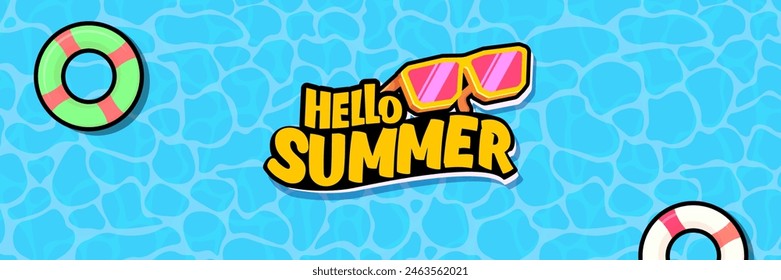 Anuncio de Vector de verano Super Hello con texto y gafas de sol amarillas retro aisladas sobre fondo oceánico azul. Hola Plantilla de diseño de póster de verano con gafas de sol de dibujos animados, playa, piscina de agua, ambiente de verano