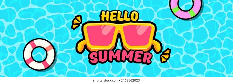 Super Hello summer vector banner with text and retro yellow sunglasses isolated on blue ocean background. Hello summer poster design template with cartoon sunglasses, beach, water pool , summer vibe