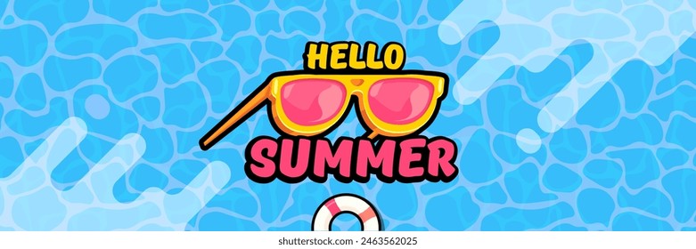 Super Hello summer vector banner with text and retro yellow sunglasses isolated on blue ocean background. Hello summer poster design template with cartoon sunglasses, beach, water pool , summer vibe