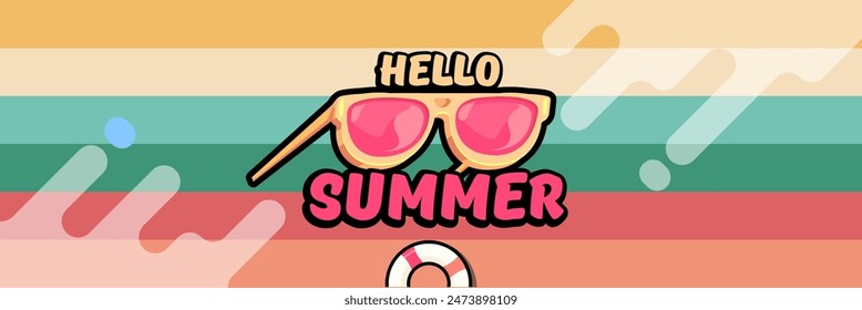 Super Hello summer vector banner with text and retro yellow sunglasses isolated on stripped background. Hello summer poster design template with cartoon sunglasses, retro rainbow, summer vibe